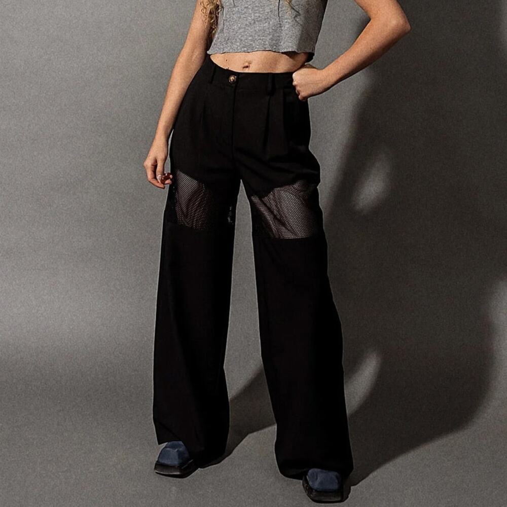 Dressed in Lala Black Widow Mesh Panel Wide Leg Trousers Size S